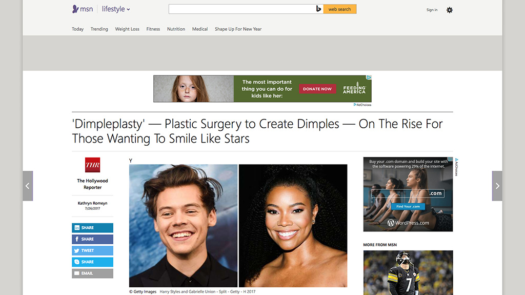 Article: MSN.com ‘Dimpleplasty’ – Plastic Surgery to Create Dimples – On The Rise For Those Wanting To Smile Like Stars