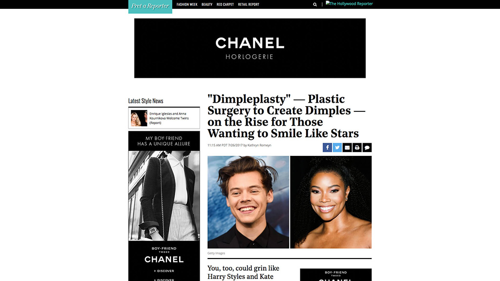 Article: The Hollywood Reporter – Dimpleplasty – Plastic Surgery To Create Dimples – On The Rise For Those Wanting To Smile Like Stars