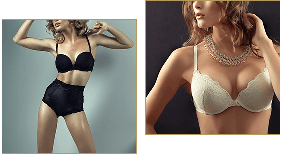 two images of the same female model in lingerie and jewelry