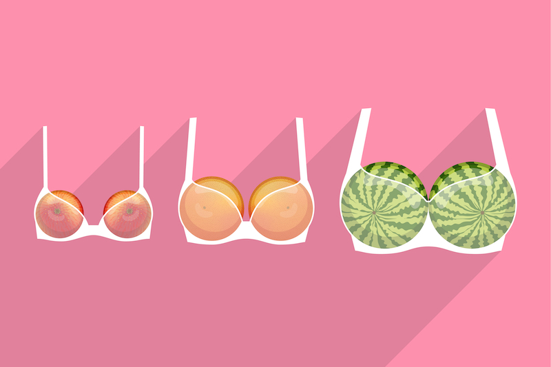 Three white brassieres with different sized fruits inside over color background.