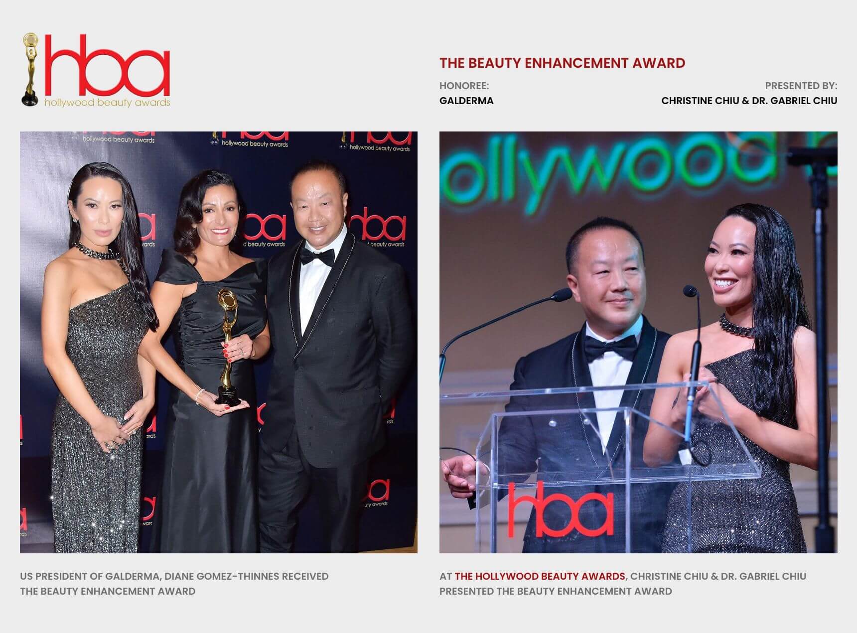 At the Hollywood Beauty Awards, Christine Chiu & Dr. Gabriel Chiu Presented the Beauty Enhancement Award