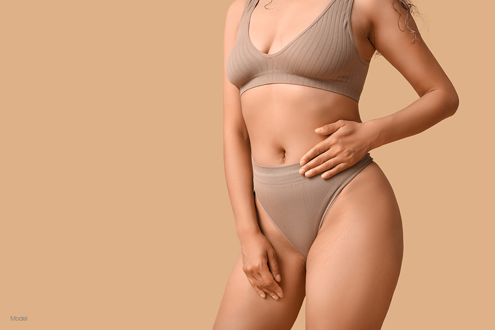 Curvy woman in tan underwear